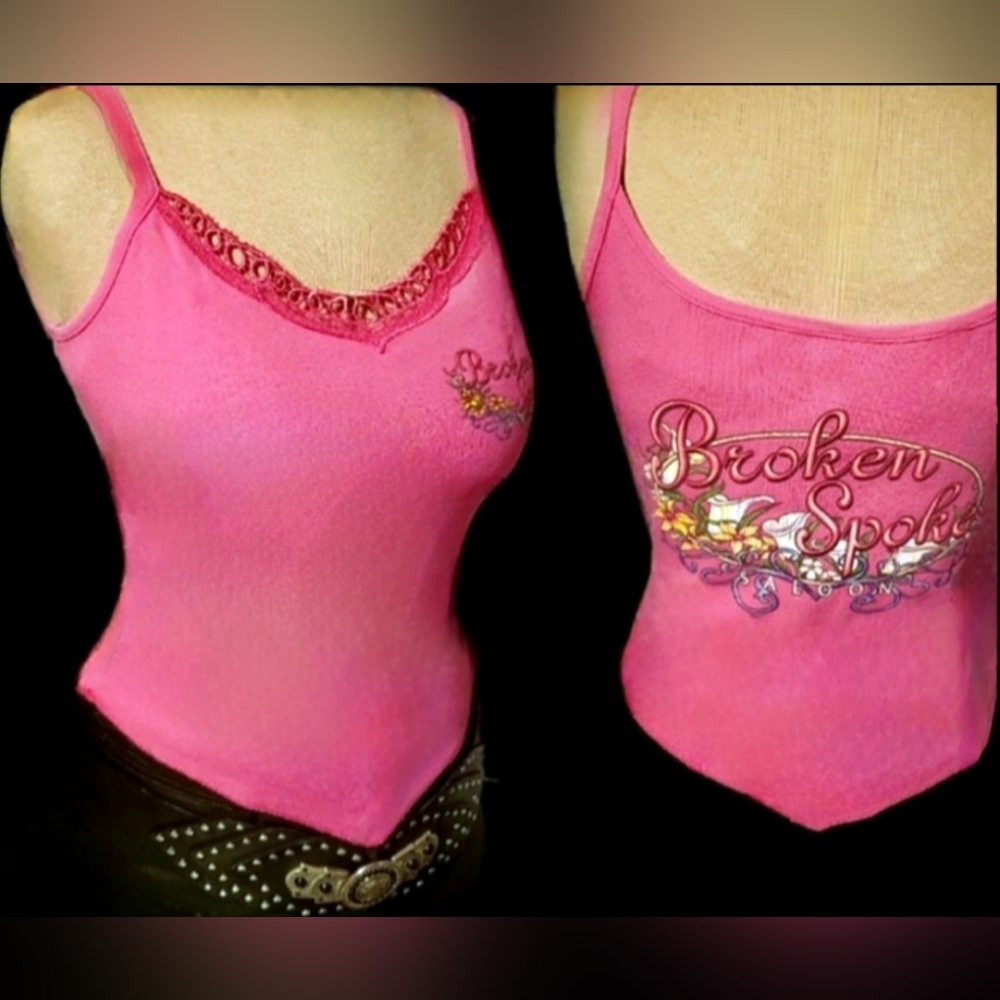 Vtg Y2K pink Broken Spoke saloon embroidered graphic cut out handkerchief tank M - Picture 17 of 17